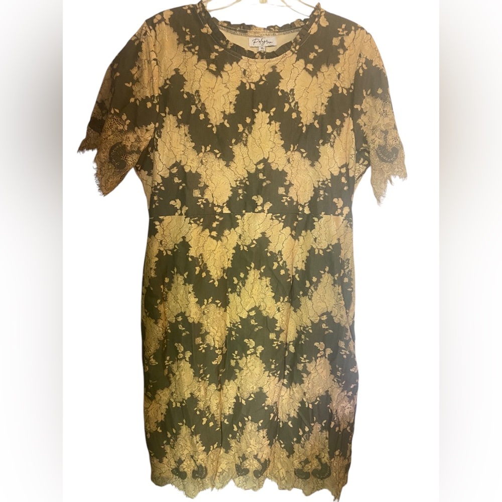 NWT polagram tan & grey Lace eyelash hem Dress xl extra large tailor boutique